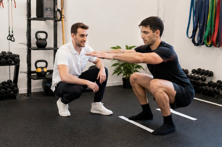 Michele Mattia Palattella segue un atleta durante uno squat con sovraccarico